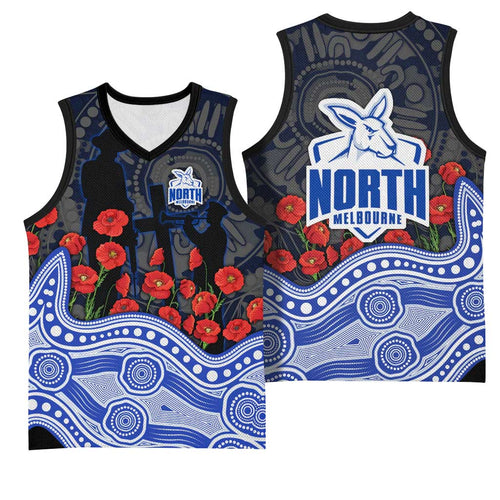 North Melbourne Kangaroos ANZAC Day Basketball Jersey Indigenous Dot Art with Poppy Flower Tribute