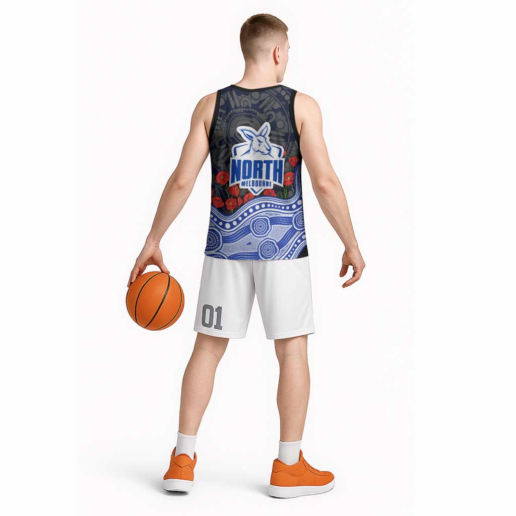 North Melbourne Kangaroos ANZAC Day Basketball Jersey Indigenous Dot Art with Poppy Flower Tribute