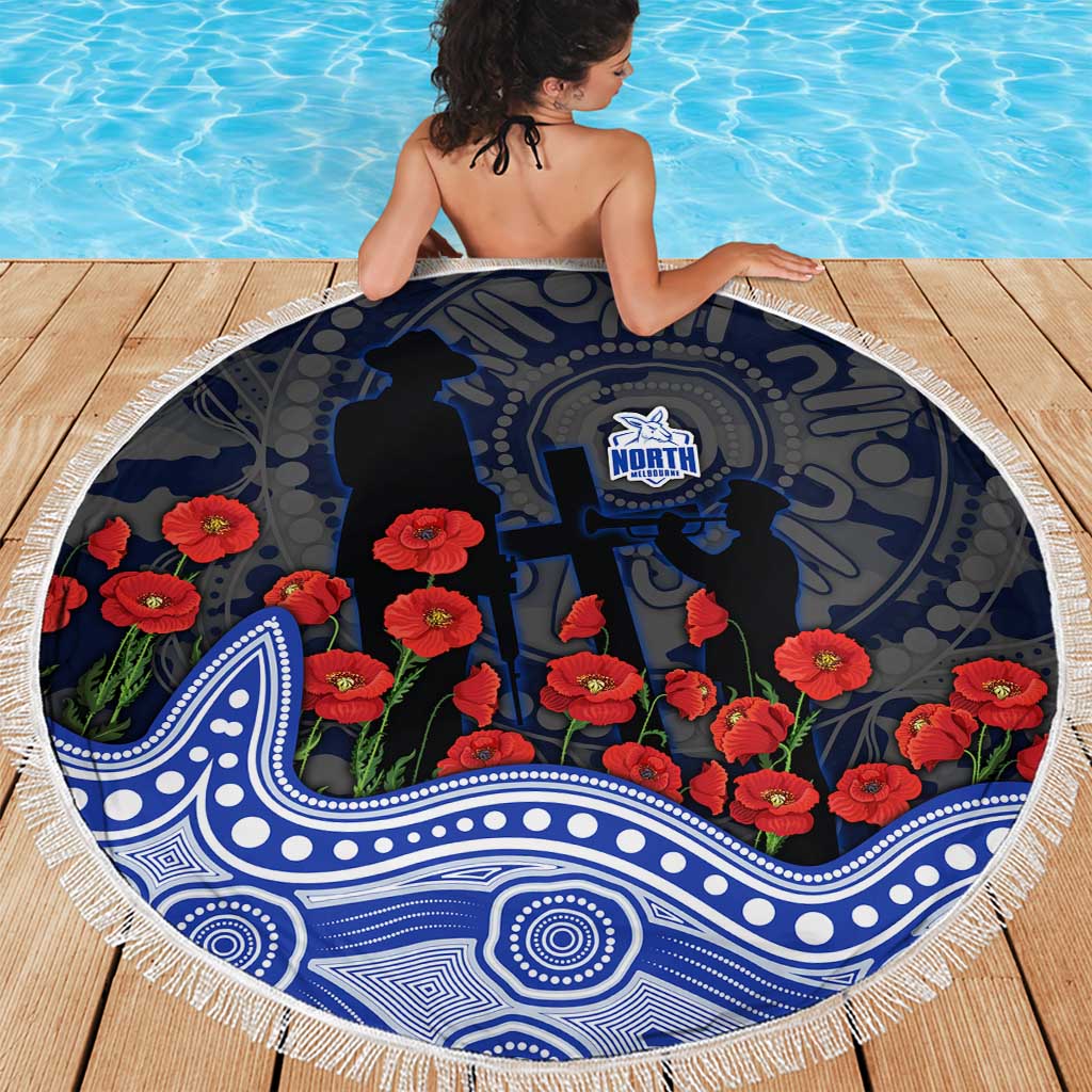 North Melbourne Kangaroos ANZAC Day Beach Blanket Indigenous Dot Art with Poppy Flower Tribute