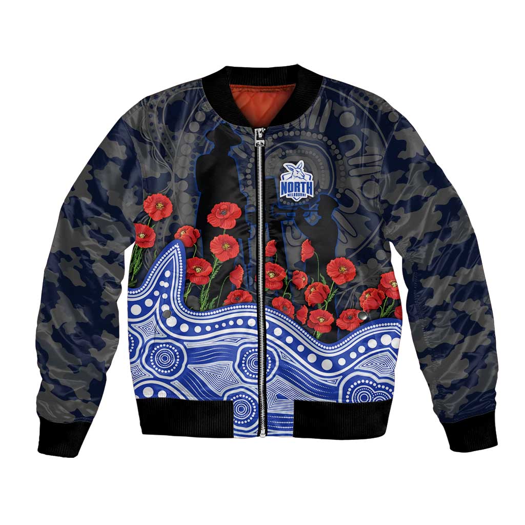 North Melbourne Kangaroos ANZAC Day Bomber Jacket Indigenous Dot Art with Poppy Flower Tribute