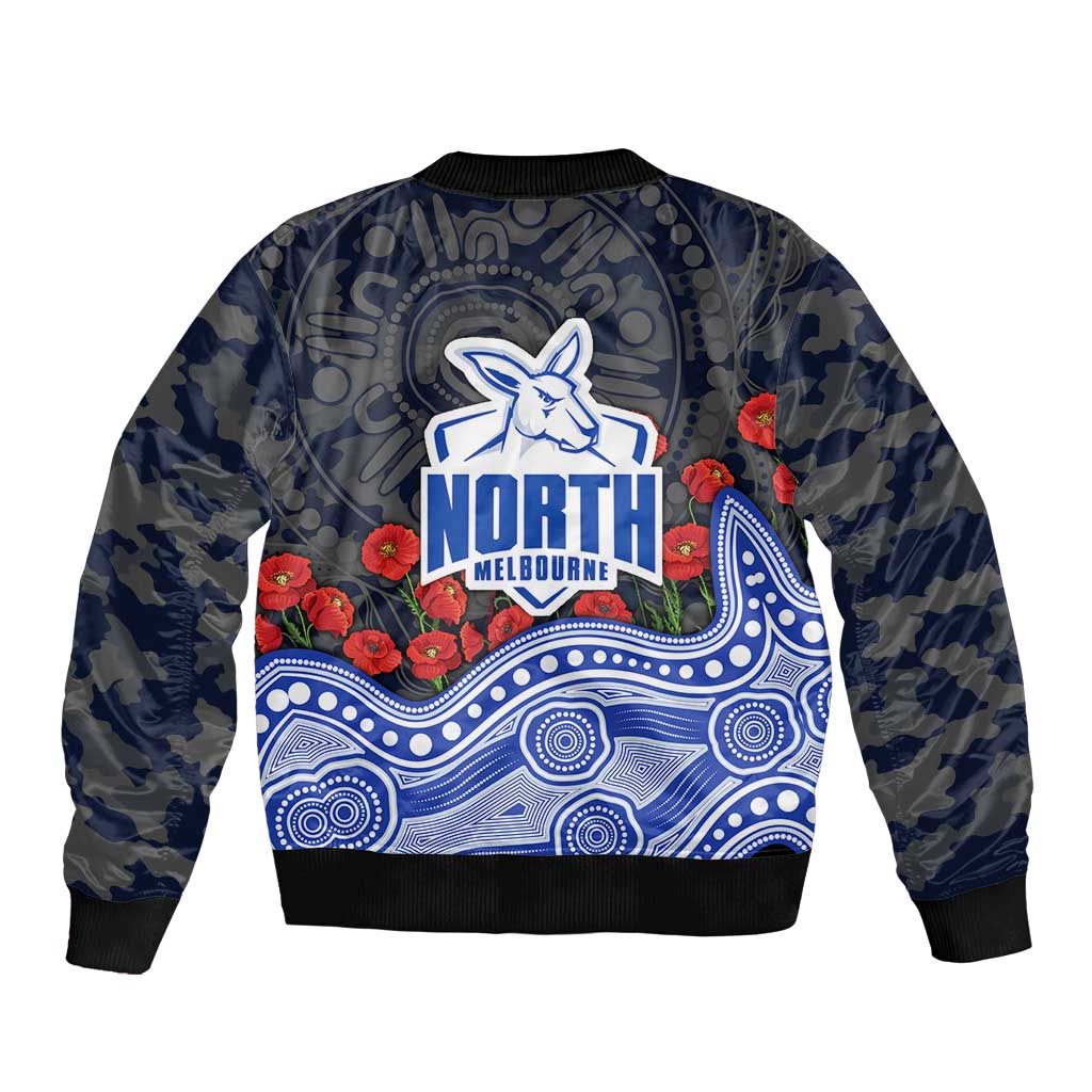 North Melbourne Kangaroos ANZAC Day Bomber Jacket Indigenous Dot Art with Poppy Flower Tribute