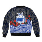 North Melbourne Kangaroos ANZAC Day Bomber Jacket Indigenous Dot Art with Poppy Flower Tribute