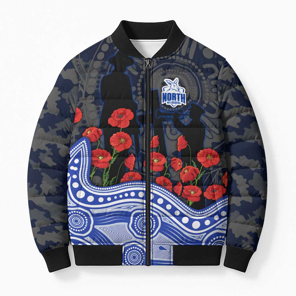 North Melbourne Kangaroos ANZAC Day Bomber Puffer Jacket Indigenous Dot Art with Poppy Flower Tribute