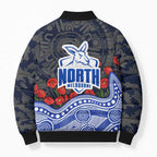 North Melbourne Kangaroos ANZAC Day Bomber Puffer Jacket Indigenous Dot Art with Poppy Flower Tribute