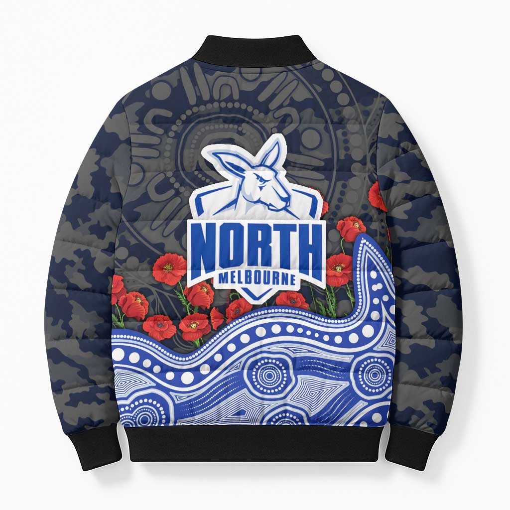 North Melbourne Kangaroos ANZAC Day Bomber Puffer Jacket Indigenous Dot Art with Poppy Flower Tribute
