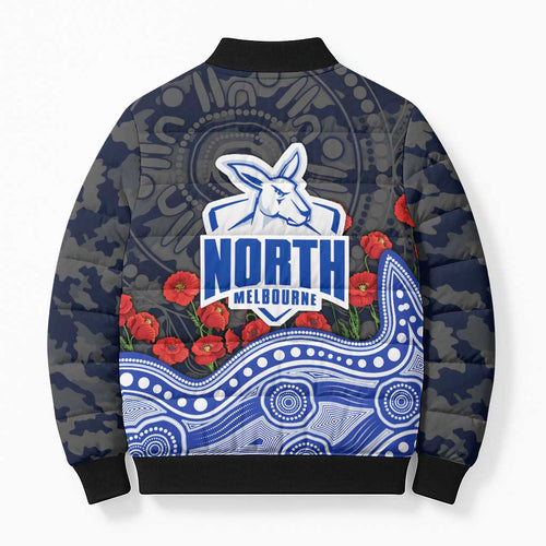 North Melbourne Kangaroos ANZAC Day Bomber Puffer Jacket Indigenous Dot Art with Poppy Flower Tribute