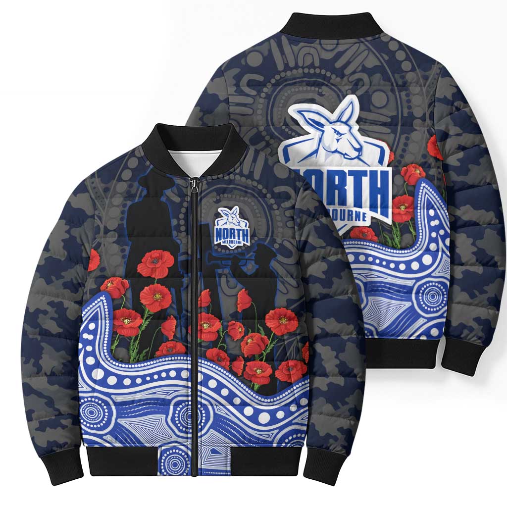 North Melbourne Kangaroos ANZAC Day Bomber Puffer Jacket Indigenous Dot Art with Poppy Flower Tribute