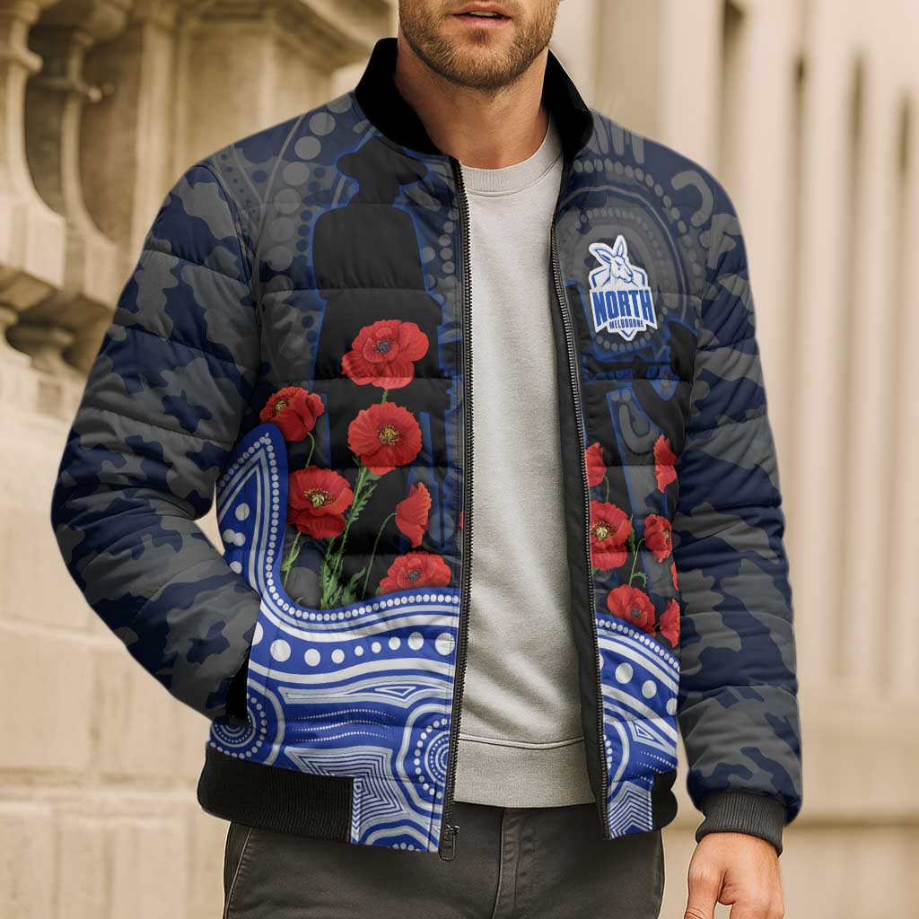 North Melbourne Kangaroos ANZAC Day Bomber Puffer Jacket Indigenous Dot Art with Poppy Flower Tribute