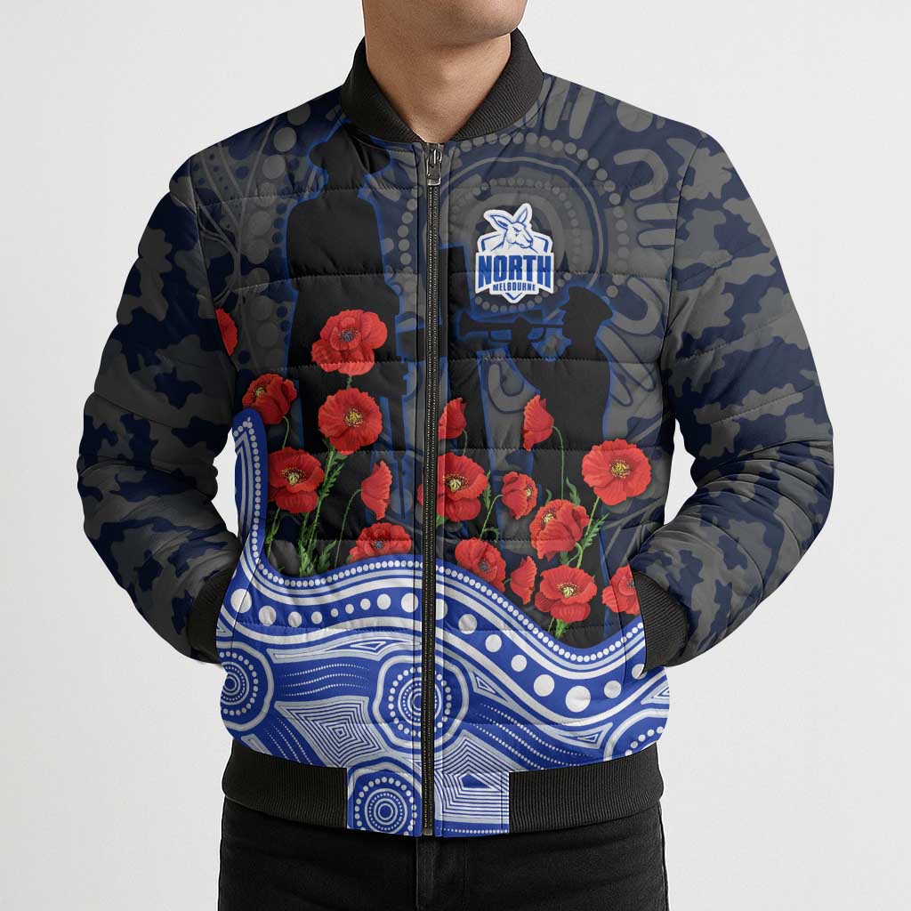 North Melbourne Kangaroos ANZAC Day Bomber Puffer Jacket Indigenous Dot Art with Poppy Flower Tribute