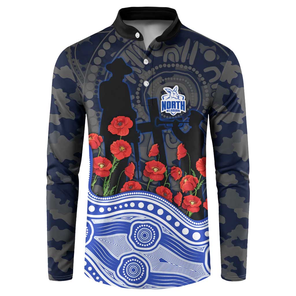 North Melbourne Kangaroos ANZAC Day Button Sweatshirt Indigenous Dot Art with Poppy Flower Tribute