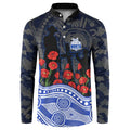 North Melbourne Kangaroos ANZAC Day Button Sweatshirt Indigenous Dot Art with Poppy Flower Tribute