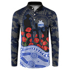 North Melbourne Kangaroos ANZAC Day Button Sweatshirt Indigenous Dot Art with Poppy Flower Tribute
