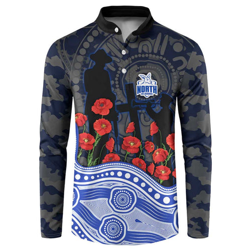 North Melbourne Kangaroos ANZAC Day Button Sweatshirt Indigenous Dot Art with Poppy Flower Tribute