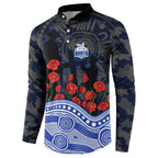 North Melbourne Kangaroos ANZAC Day Button Sweatshirt Indigenous Dot Art with Poppy Flower Tribute
