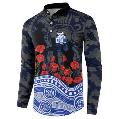 North Melbourne Kangaroos ANZAC Day Button Sweatshirt Indigenous Dot Art with Poppy Flower Tribute