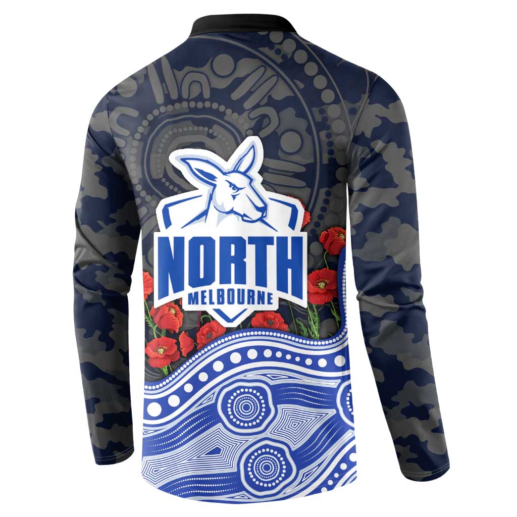 North Melbourne Kangaroos ANZAC Day Button Sweatshirt Indigenous Dot Art with Poppy Flower Tribute