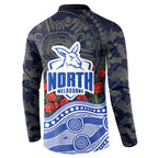 North Melbourne Kangaroos ANZAC Day Button Sweatshirt Indigenous Dot Art with Poppy Flower Tribute