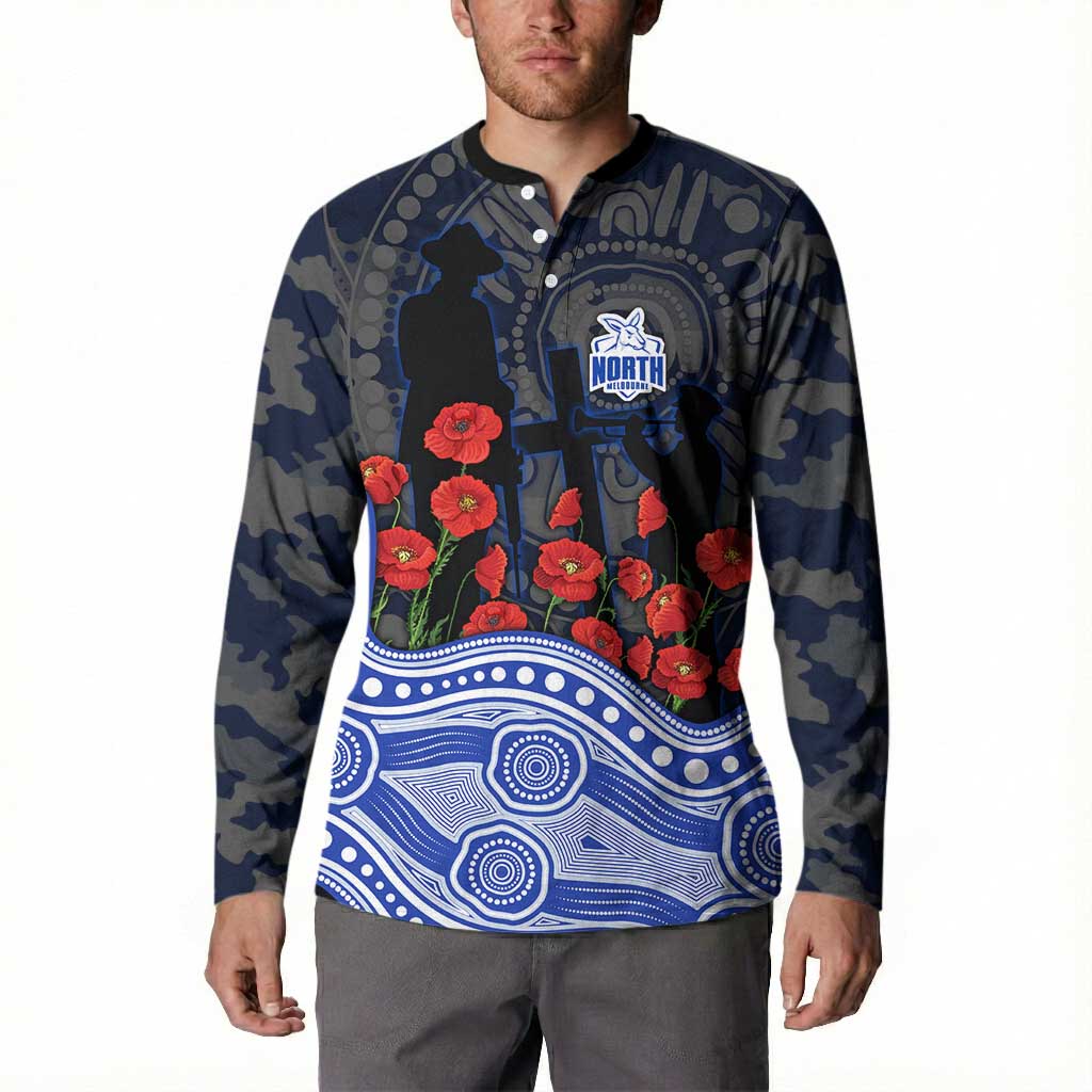North Melbourne Kangaroos ANZAC Day Button Sweatshirt Indigenous Dot Art with Poppy Flower Tribute