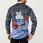 North Melbourne Kangaroos ANZAC Day Button Sweatshirt Indigenous Dot Art with Poppy Flower Tribute