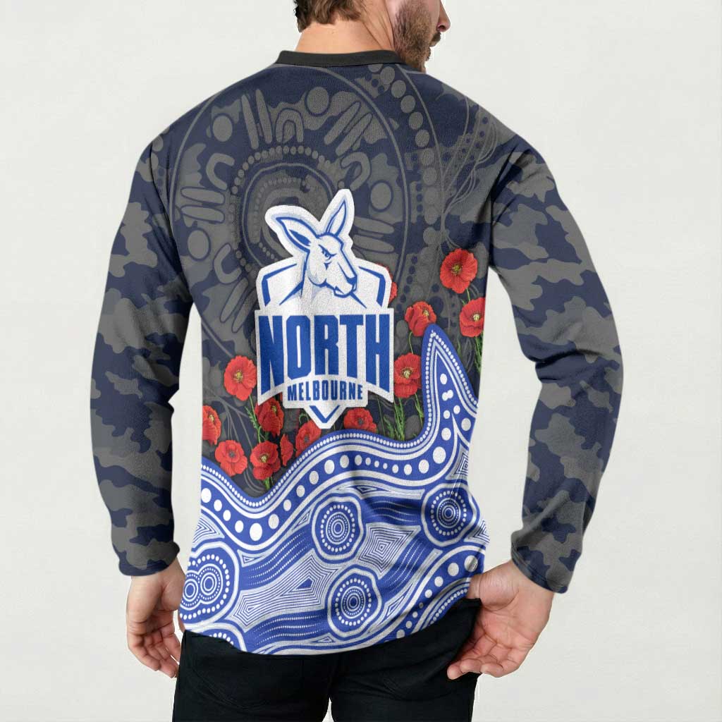 North Melbourne Kangaroos ANZAC Day Button Sweatshirt Indigenous Dot Art with Poppy Flower Tribute