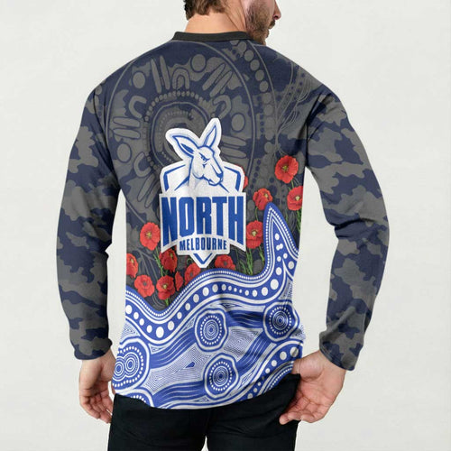 North Melbourne Kangaroos ANZAC Day Button Sweatshirt Indigenous Dot Art with Poppy Flower Tribute