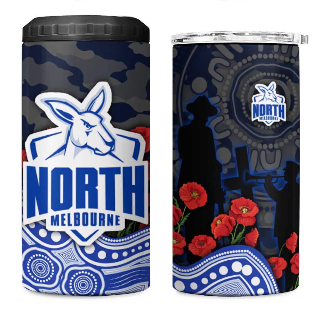 North Melbourne Kangaroos ANZAC Day 4 in 1 Can Cooler Tumbler Indigenous Dot Art with Poppy Flower Tribute