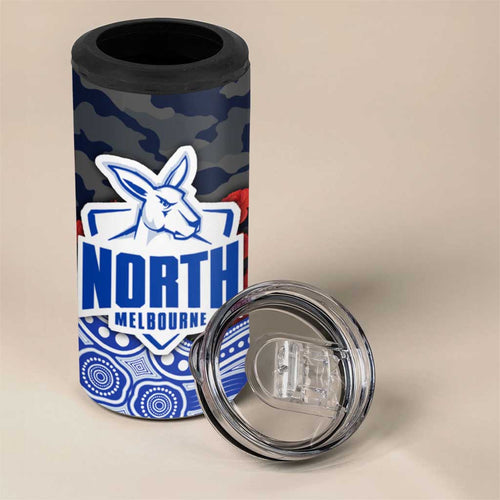 North Melbourne Kangaroos ANZAC Day 4 in 1 Can Cooler Tumbler Indigenous Dot Art with Poppy Flower Tribute