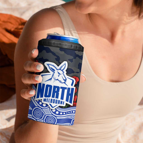 North Melbourne Kangaroos ANZAC Day 4 in 1 Can Cooler Tumbler Indigenous Dot Art with Poppy Flower Tribute