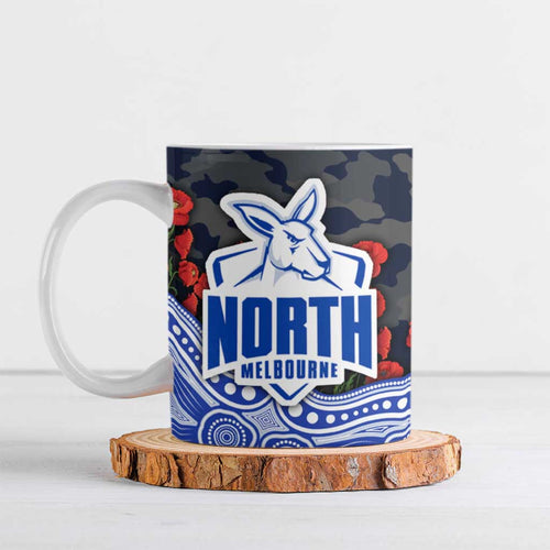 North Melbourne Kangaroos ANZAC Day Ceramic Mug Indigenous Dot Art with Poppy Flower Tribute