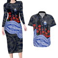North Melbourne Kangaroos ANZAC Day Couples Matching Long Sleeve Bodycon Dress and Hawaiian Shirt Indigenous Dot Art with Poppy Flower Tribute