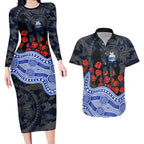 North Melbourne Kangaroos ANZAC Day Couples Matching Long Sleeve Bodycon Dress and Hawaiian Shirt Indigenous Dot Art with Poppy Flower Tribute