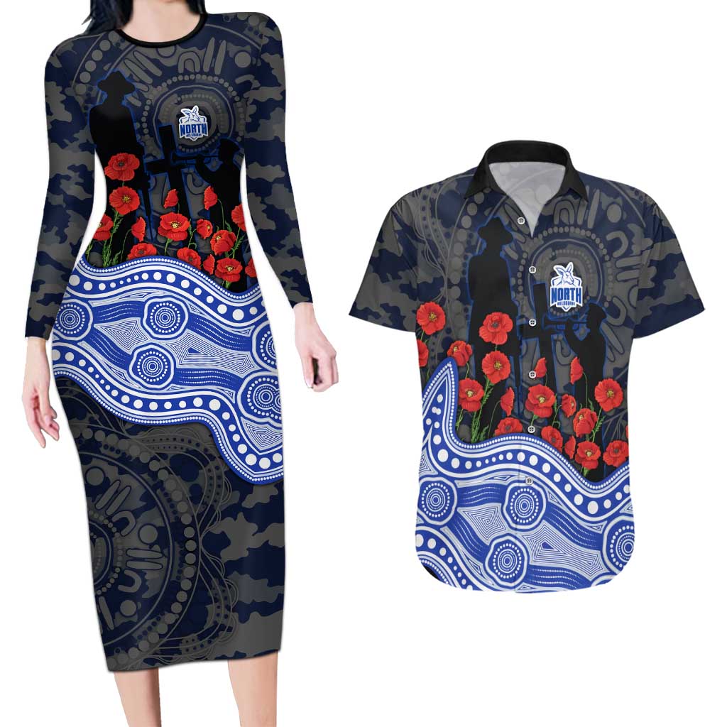 North Melbourne Kangaroos ANZAC Day Couples Matching Long Sleeve Bodycon Dress and Hawaiian Shirt Indigenous Dot Art with Poppy Flower Tribute