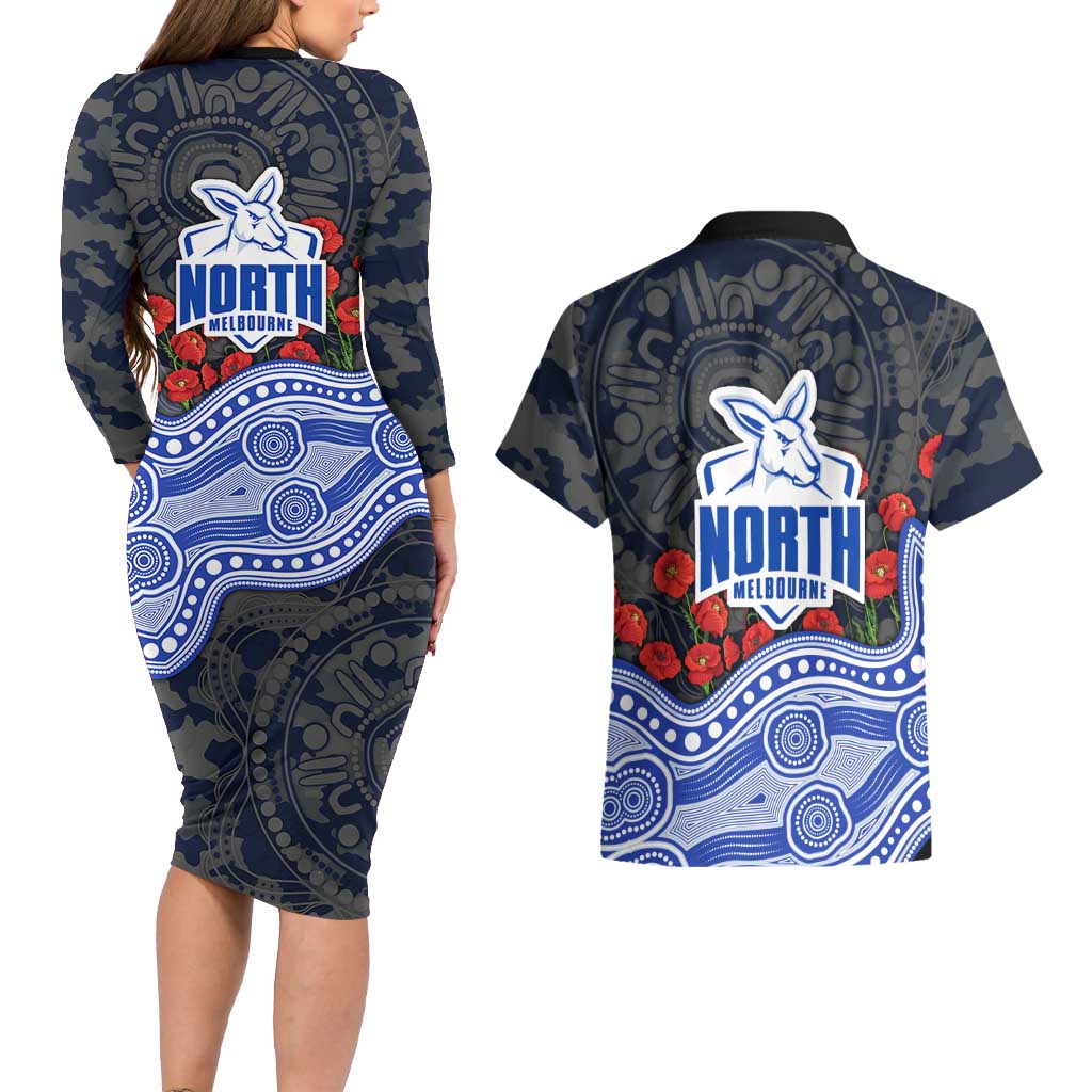 North Melbourne Kangaroos ANZAC Day Couples Matching Long Sleeve Bodycon Dress and Hawaiian Shirt Indigenous Dot Art with Poppy Flower Tribute
