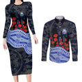 North Melbourne Kangaroos ANZAC Day Couples Matching Long Sleeve Bodycon Dress and Long Sleeve Button Shirt Indigenous Dot Art with Poppy Flower Tribute