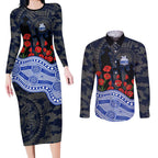 North Melbourne Kangaroos ANZAC Day Couples Matching Long Sleeve Bodycon Dress and Long Sleeve Button Shirt Indigenous Dot Art with Poppy Flower Tribute
