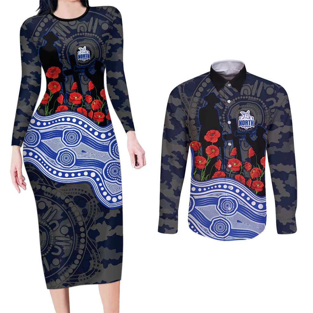 North Melbourne Kangaroos ANZAC Day Couples Matching Long Sleeve Bodycon Dress and Long Sleeve Button Shirt Indigenous Dot Art with Poppy Flower Tribute
