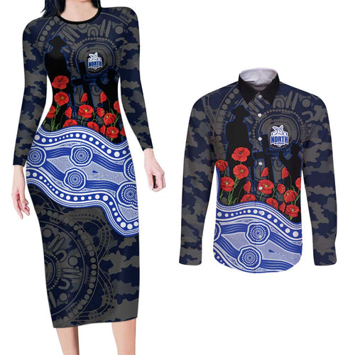 North Melbourne Kangaroos ANZAC Day Couples Matching Long Sleeve Bodycon Dress and Long Sleeve Button Shirt Indigenous Dot Art with Poppy Flower Tribute