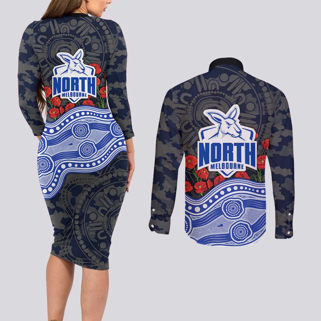 North Melbourne Kangaroos ANZAC Day Couples Matching Long Sleeve Bodycon Dress and Long Sleeve Button Shirt Indigenous Dot Art with Poppy Flower Tribute