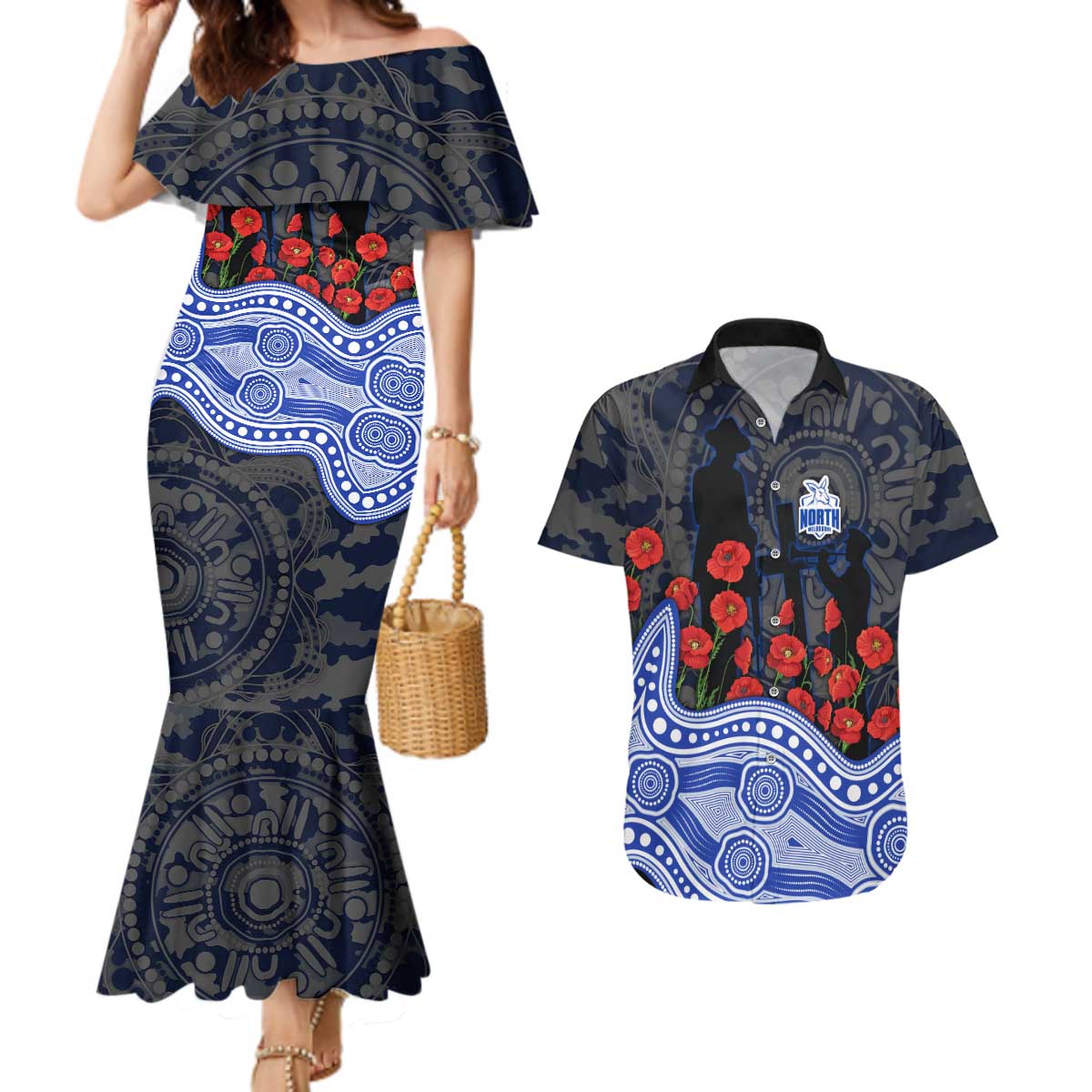 North Melbourne Kangaroos ANZAC Day Couples Matching Mermaid Dress and Hawaiian Shirt Indigenous Dot Art with Poppy Flower Tribute