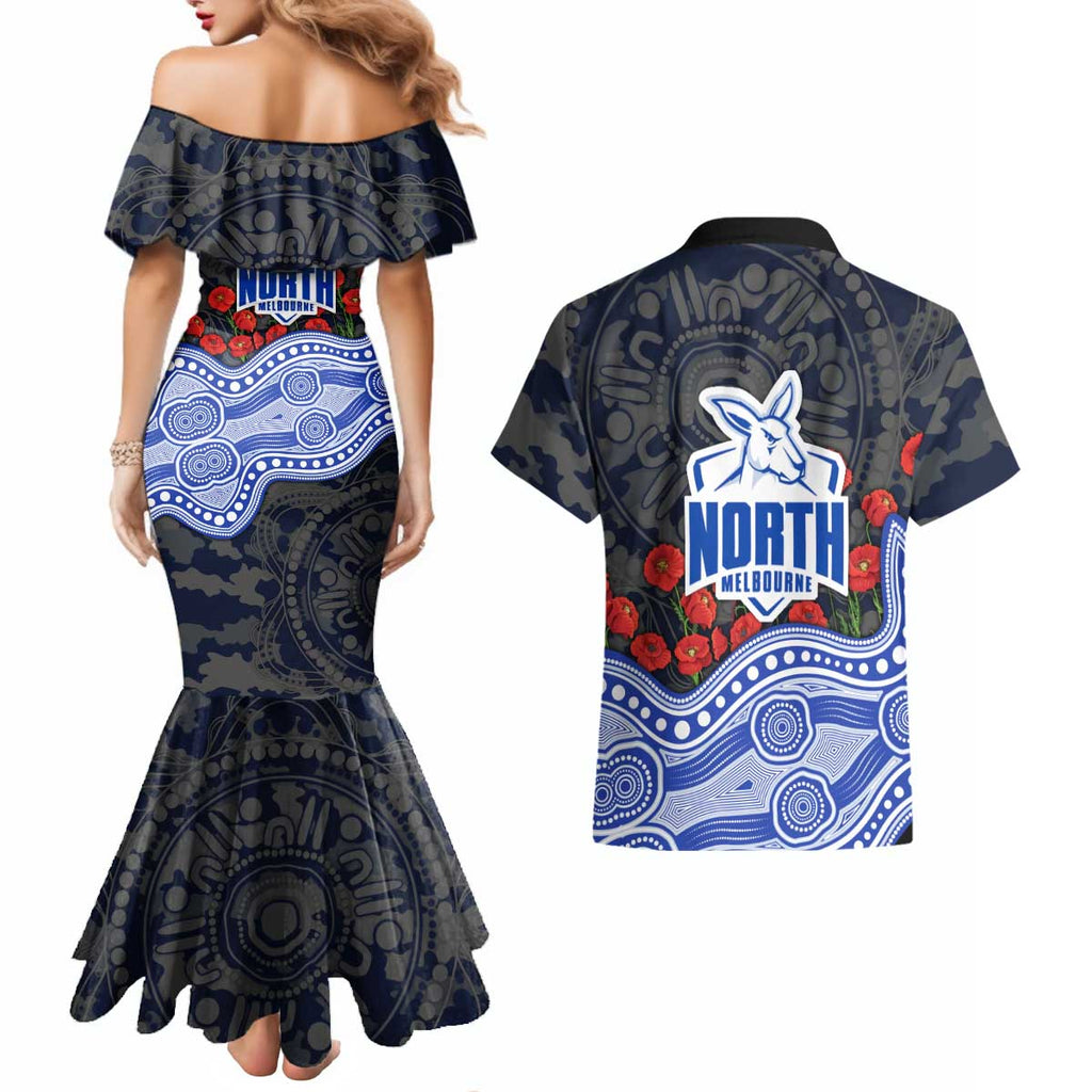 North Melbourne Kangaroos ANZAC Day Couples Matching Mermaid Dress and Hawaiian Shirt Indigenous Dot Art with Poppy Flower Tribute