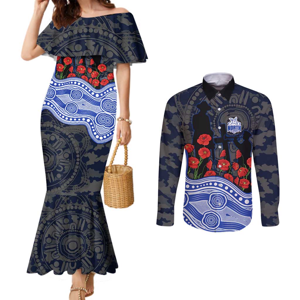 North Melbourne Kangaroos ANZAC Day Couples Matching Mermaid Dress and Long Sleeve Button Shirt Indigenous Dot Art with Poppy Flower Tribute