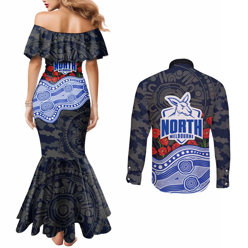 North Melbourne Kangaroos ANZAC Day Couples Matching Mermaid Dress and Long Sleeve Button Shirt Indigenous Dot Art with Poppy Flower Tribute