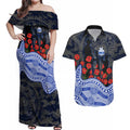 North Melbourne Kangaroos ANZAC Day Couples Matching Off Shoulder Maxi Dress and Hawaiian Shirt Indigenous Dot Art with Poppy Flower Tribute