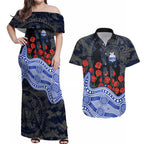 North Melbourne Kangaroos ANZAC Day Couples Matching Off Shoulder Maxi Dress and Hawaiian Shirt Indigenous Dot Art with Poppy Flower Tribute