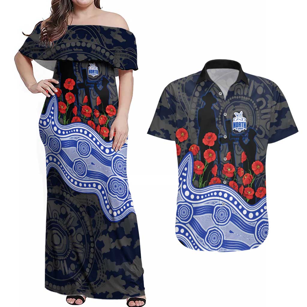 North Melbourne Kangaroos ANZAC Day Couples Matching Off Shoulder Maxi Dress and Hawaiian Shirt Indigenous Dot Art with Poppy Flower Tribute