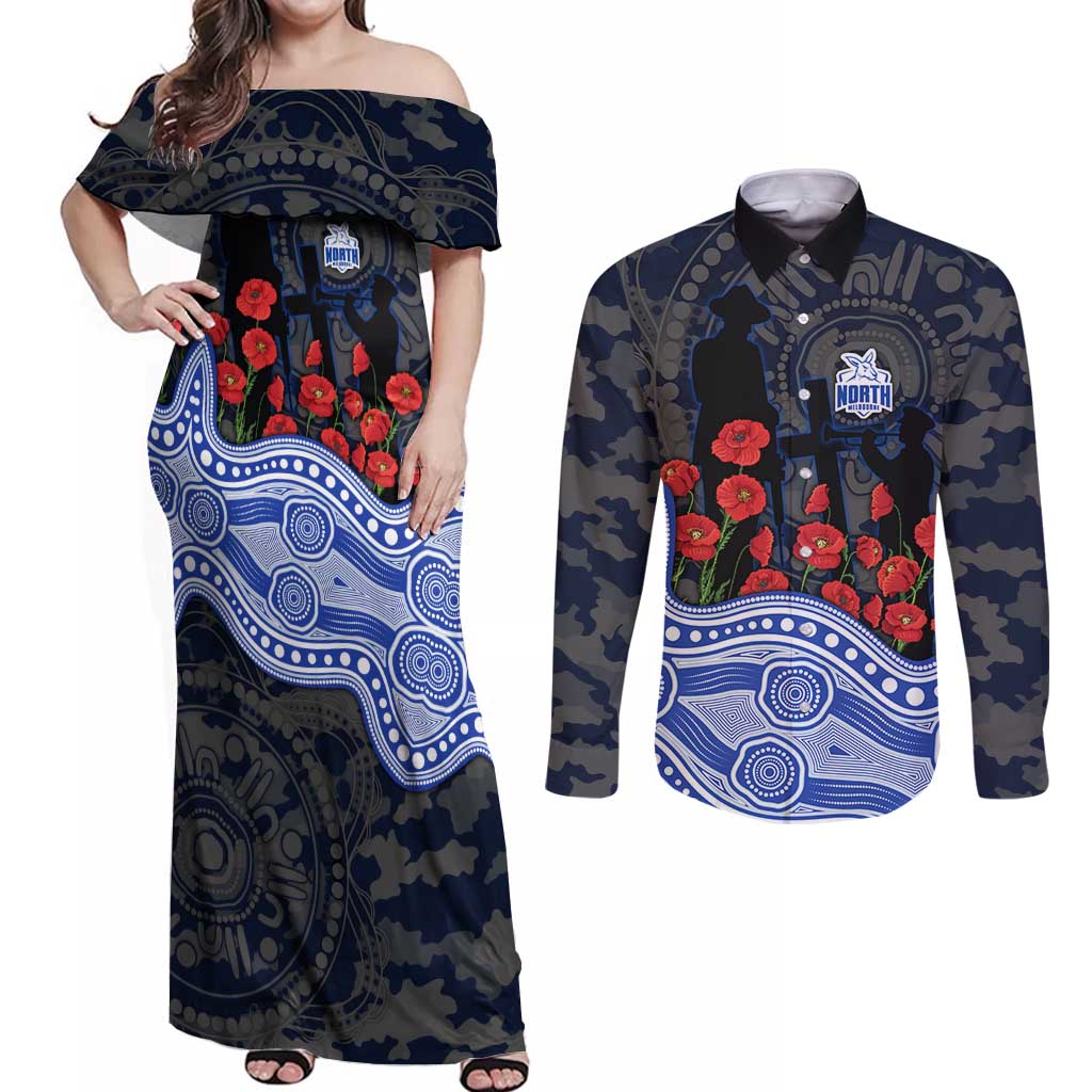 North Melbourne Kangaroos ANZAC Day Couples Matching Off Shoulder Maxi Dress and Long Sleeve Button Shirt Indigenous Dot Art with Poppy Flower Tribute