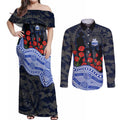 North Melbourne Kangaroos ANZAC Day Couples Matching Off Shoulder Maxi Dress and Long Sleeve Button Shirt Indigenous Dot Art with Poppy Flower Tribute