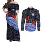 North Melbourne Kangaroos ANZAC Day Couples Matching Off Shoulder Maxi Dress and Long Sleeve Button Shirt Indigenous Dot Art with Poppy Flower Tribute
