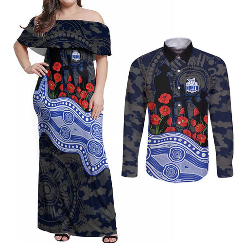 North Melbourne Kangaroos ANZAC Day Couples Matching Off Shoulder Maxi Dress and Long Sleeve Button Shirt Indigenous Dot Art with Poppy Flower Tribute