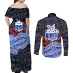 North Melbourne Kangaroos ANZAC Day Couples Matching Off Shoulder Maxi Dress and Long Sleeve Button Shirt Indigenous Dot Art with Poppy Flower Tribute